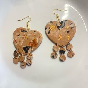 Marbled Tan Heart Dangle Earrings with Rose Gold Accent - Women Jewelry